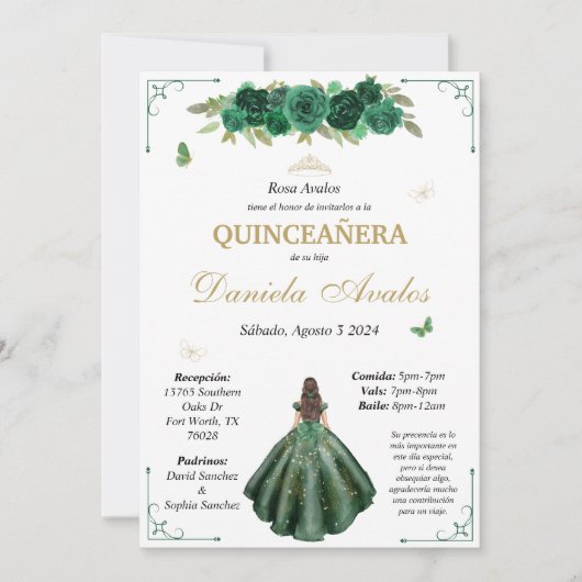 Emerald Quinceañera uitnodiging in het Spaans (Voorkant)