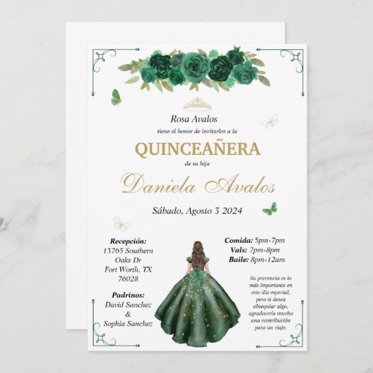 Emerald Quinceañera uitnodiging in het Spaans (Voorkant / Achterkant)