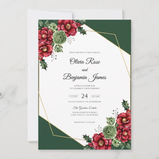 Emerald Robijn Camelia Eucalyptus Bruiloft Kaart (Voorkant)