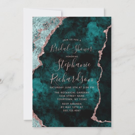 Emerald & Roos Gold Agate Bruids Douche Uitnodigin Kaart (Voorkant)