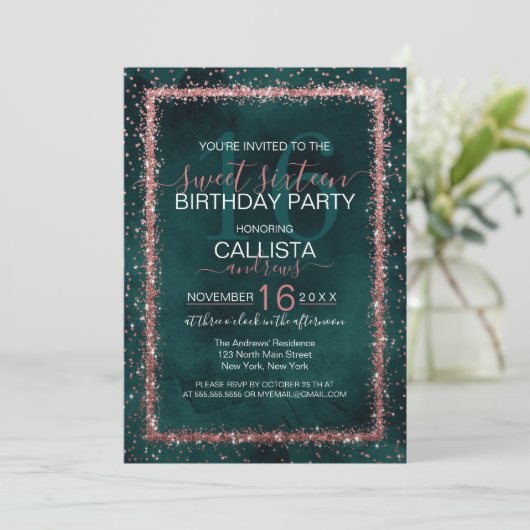 Emerald Roos Gold Sprinkled Confetti Sweet 16 Kaart (Staand voorkant)