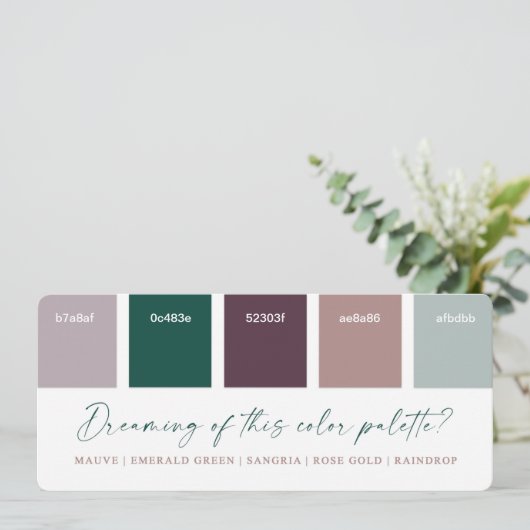 Emerald & Roos Gold Wedding Colour Palette Card Kaart (Staand voorkant)
