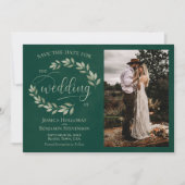 Emerald & Sage Green Leaves & Photo Rustic Wedding Save The Date (Voorkant)