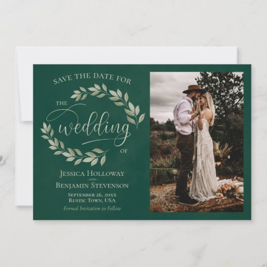 Emerald & Sage Green Leaves & Photo Rustic Wedding Save The Date (Voorkant)