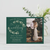Emerald & Sage Green Leaves & Photo Rustic Wedding Save The Date (Staand voorkant)