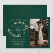 Emerald & Sage Green Leaves & Photo Rustic Wedding Save The Date (Voorkant / Achterkant)