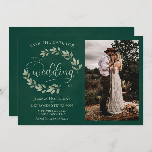 Emerald & Sage Green Leaves & Photo Rustic Wedding Save The Date (Voorkant / Achterkant)