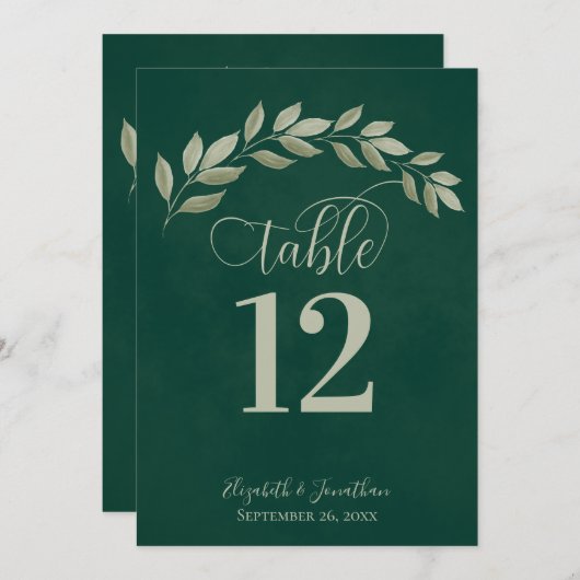 Emerald & Sage Green Leaves Rustic Table Number (Voorkant / Achterkant)