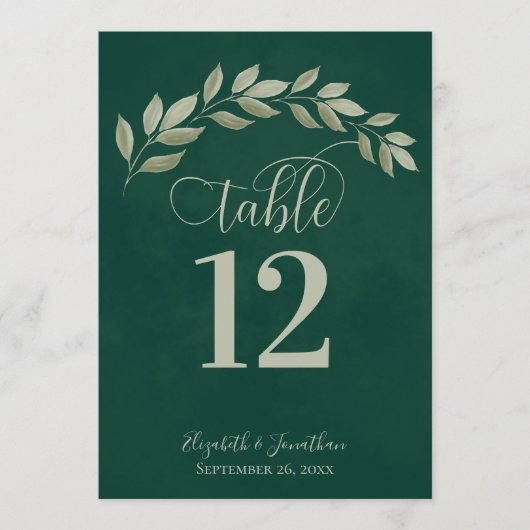 Emerald & Sage Green Leaves Rustic Table Number (Voorkant)