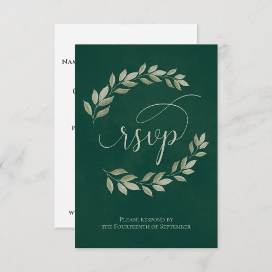 Emerald & Sage Laurel Leaves Rustic Wedding RSVP Kaartje (Voorkant / Achterkant)