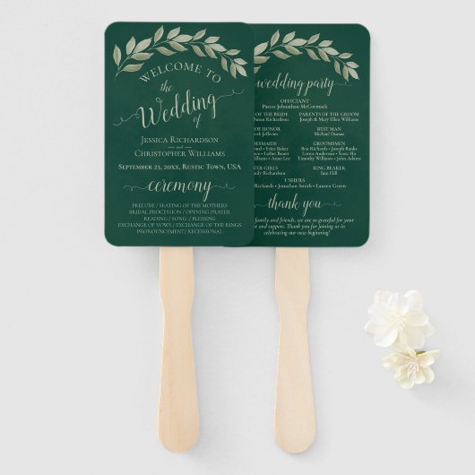 Emerald & Sage Leaves Elegant Wedding Program Handwaaier (Voorkant en achterkant)