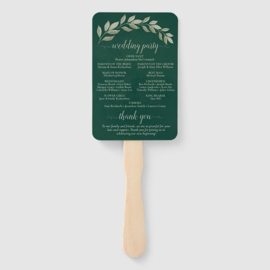 Emerald & Sage Leaves Elegant Wedding Program Handwaaier (Achterkant)