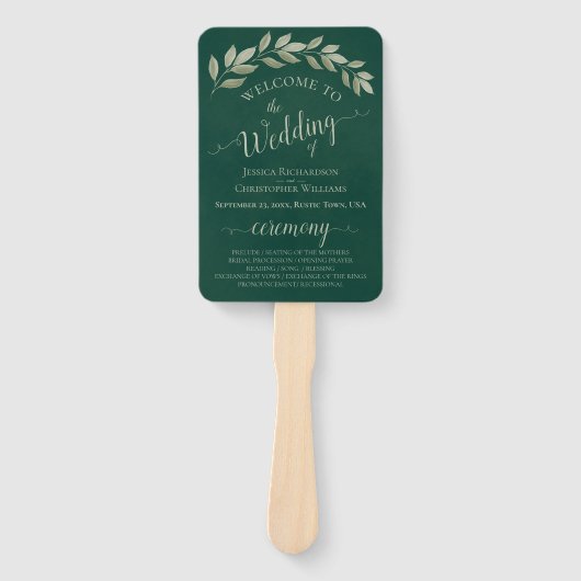 Emerald & Sage Leaves Elegant Wedding Program Handwaaier (Voorkant)
