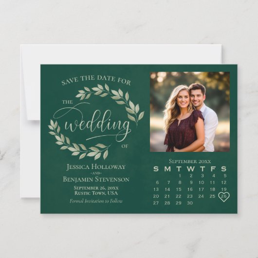 Emerald & Sage Leaves Fotokalender Bewaar de datum Magnetische Uitnodiging (Voorkant)