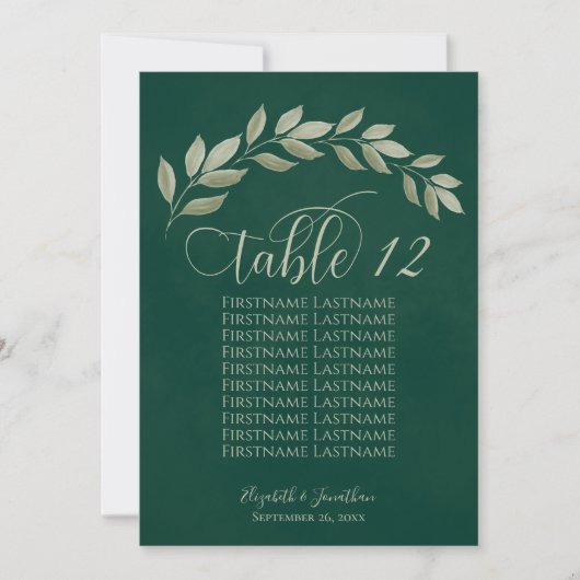 Emerald & Sage Leaves Table Number met Namen (Voorkant)
