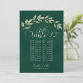 Emerald & Sage Leaves Table Number met Namen (Staand voorkant)