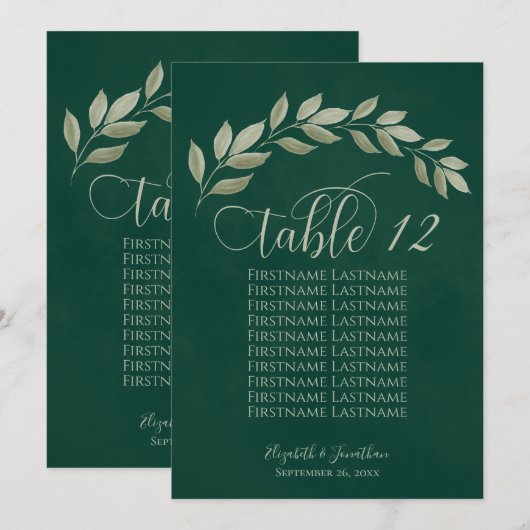 Emerald & Sage Leaves Table Number met Namen (Voorkant / Achterkant)