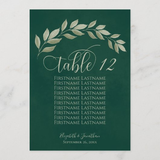 Emerald & Sage Leaves Table Number met Namen (Achterkant)
