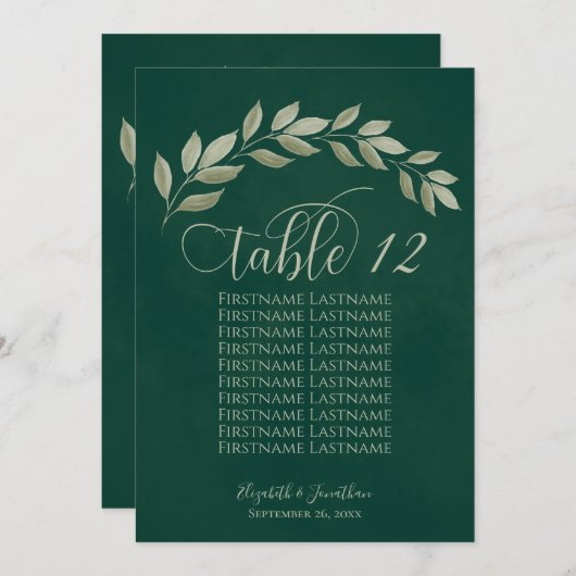 Emerald & Sage Leaves Table Number met Namen (Voorkant / Achterkant)