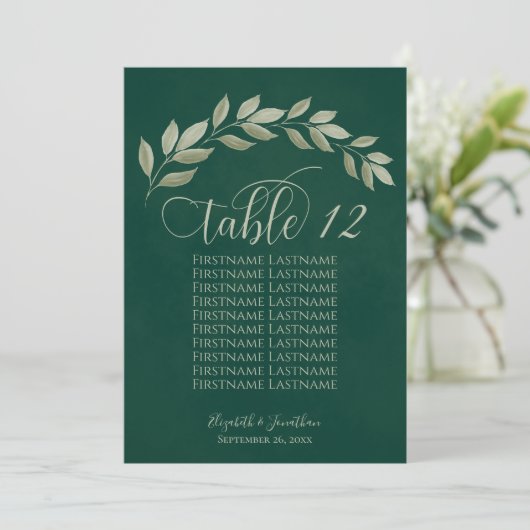 Emerald & Sage Leaves Table Number met Namen (Staand voorkant)