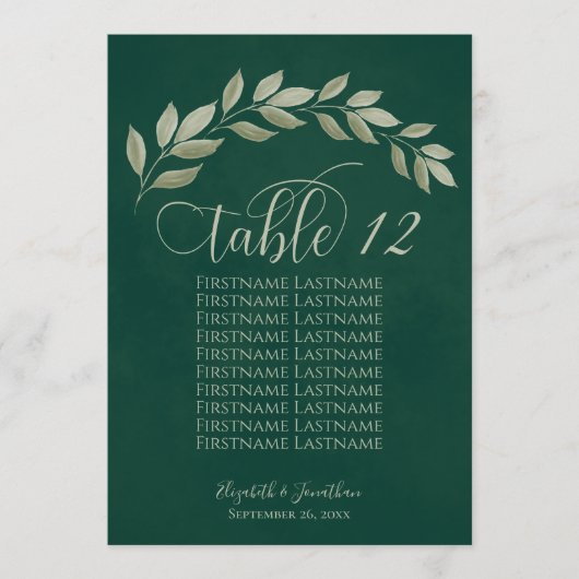 Emerald & Sage Leaves Table Number met Namen (Voorkant)