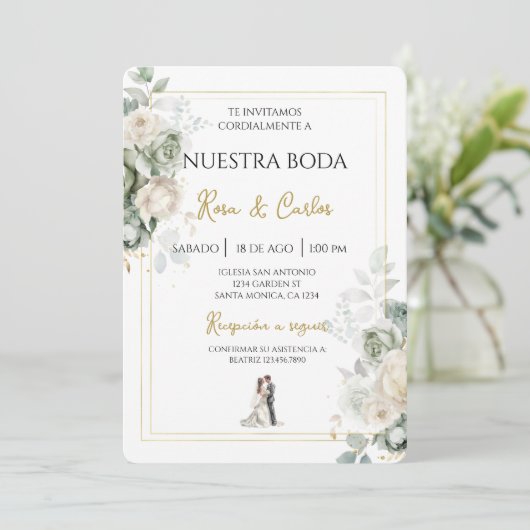 Emerald sage Spanish Wedding Invitation Kaart (Staand voorkant)
