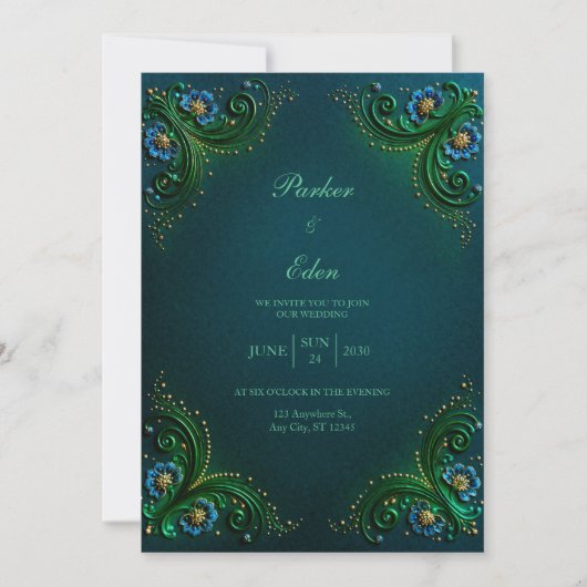 Emerald Sapphire Filigree Wedding Kaart (Voorkant)