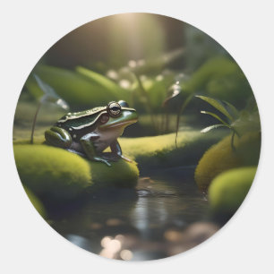 Emerald Serenity: een groene kikker aan de rivier, Ronde Sticker