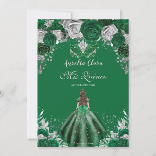 Emerald Silver Bloemen Masquerade Ball Quinceañera Kaart (Achterkant)