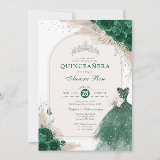 Emerald Silver Boho Rozen Princess Quinceañera Kaart (Voorkant)