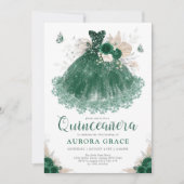 Emerald Silver Floral Quinceañera Dress Mis Quince Kaart (Voorkant)