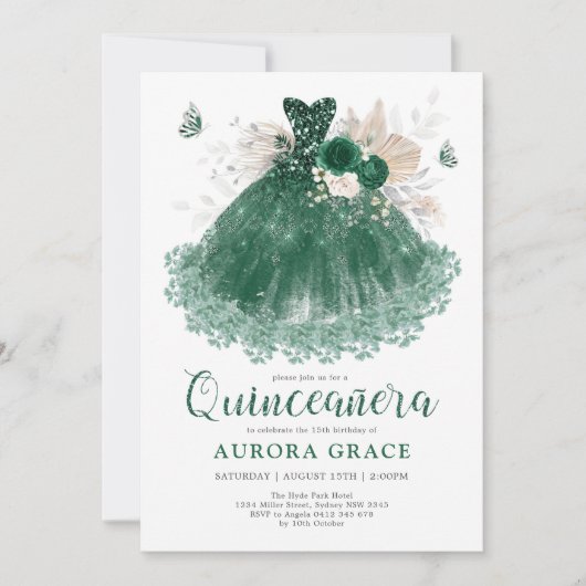 Emerald Silver Flower Quinceañera Mis Quince Anos Kaart (Voorkant)