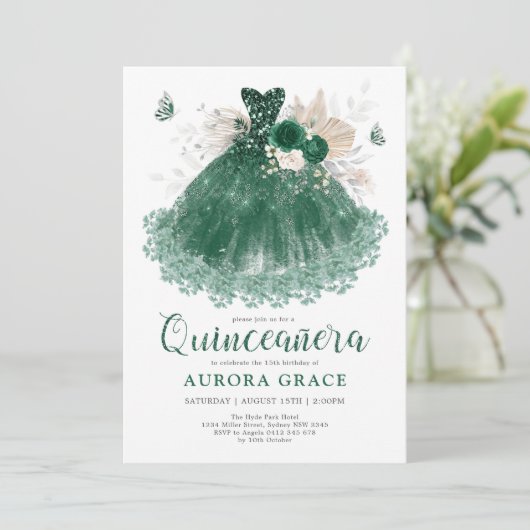 Emerald Silver Flower Quinceañera Mis Quince Anos Kaart (Staand voorkant)