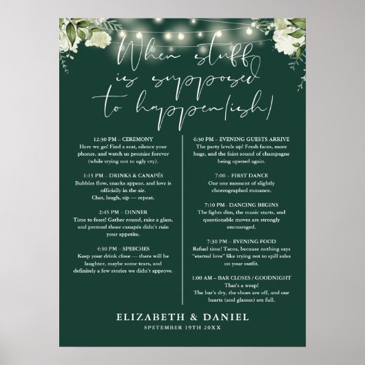 Emerald String Lights Floral Wedding Itinerary Poster (Voorkant)
