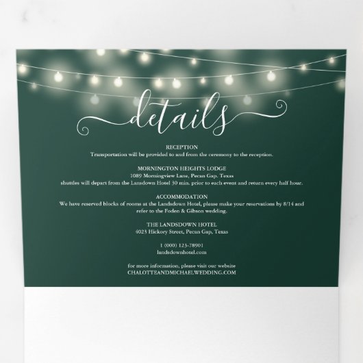 Emerald String Lights Script Monogram Huwelijk Drieluik Uitnodiging (Binnenzijde eerst)