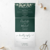 Emerald String Lights Script Monogram Huwelijk Drieluik Uitnodiging (Binnen)