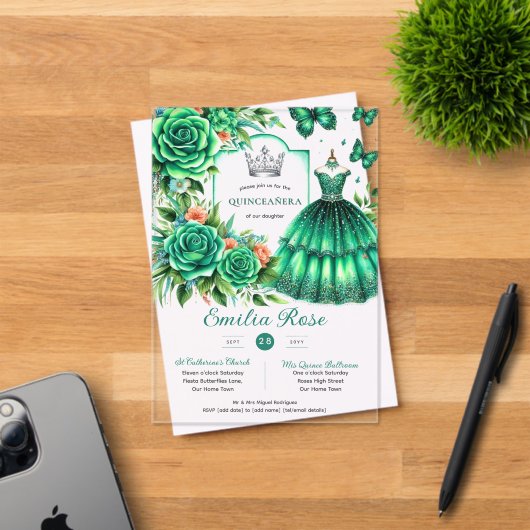 Emerald Sweet15 QUINCEANERA Green Dress Butterfly Acryl Uitnodigingen (Insitu (Uitnodiging))