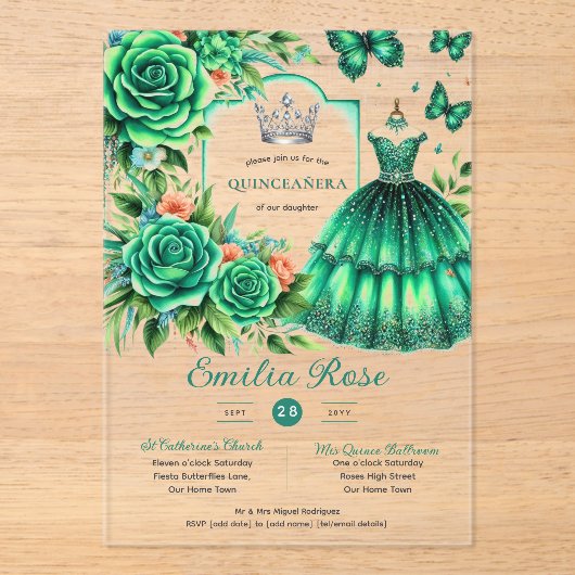 Emerald Sweet15 QUINCEANERA Green Dress Butterfly Acryl Uitnodigingen (Voorkant)