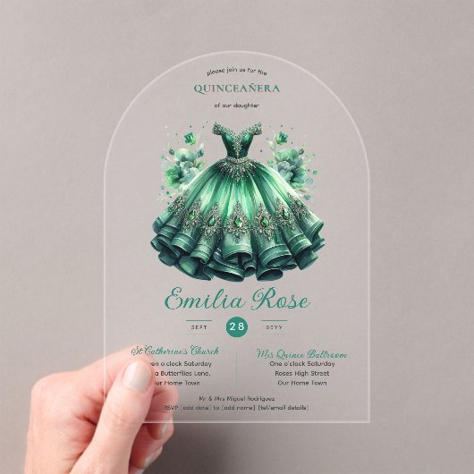 Emerald Sweet15 QUINCEANERA Green Dress Clear Acryl Uitnodigingen (Insitu (Draagbaar))