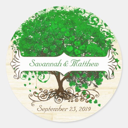 Emerald Swirl Heart Leaf Tree Wedding Seal Ronde Sticker (Voorkant)