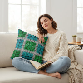 Emerald & Teal Rustic Plaid Pattern Personalized  Kussen