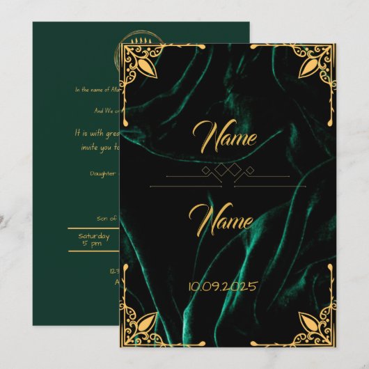 Emerald velvet effect bruiloft uitnodiging (Voorkant / Achterkant)