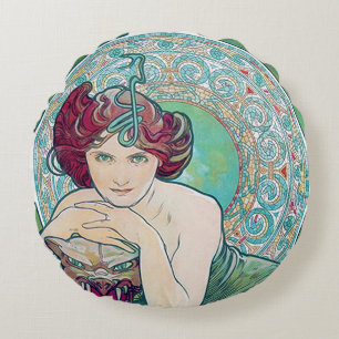 Emerald (vier juwelen), Alphonse Mucha Sierkussen Rond Kussen