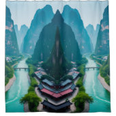 Emerald Waters & Mountain Uitzichten – Schilderach Douchegordijn (Voorkant)