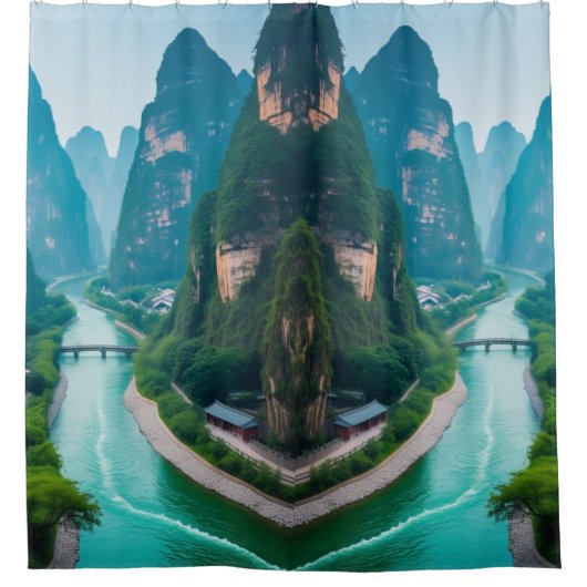 Emerald Waters & Mountain Uitzichten – Schilderach Douchegordijn (Voorkant)