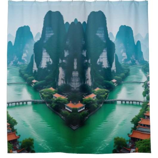 Emerald Waters & Mountain Uitzichten – Schilderach Douchegordijn (Voorkant)