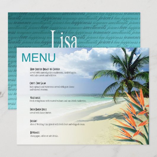 Emerald Waters Tropical Beach Wedding Menu | aqua (Voorkant / Achterkant)