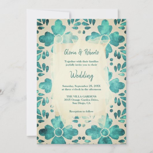 Emerald Waterverf Bloemenmozaïek Mexicaanse bruilo Kaart (Voorkant)