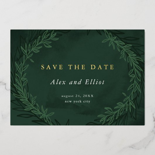 Emerald Waterverf Dramatic Save the Date Gold Folie Uitnodiging (Voorkant)