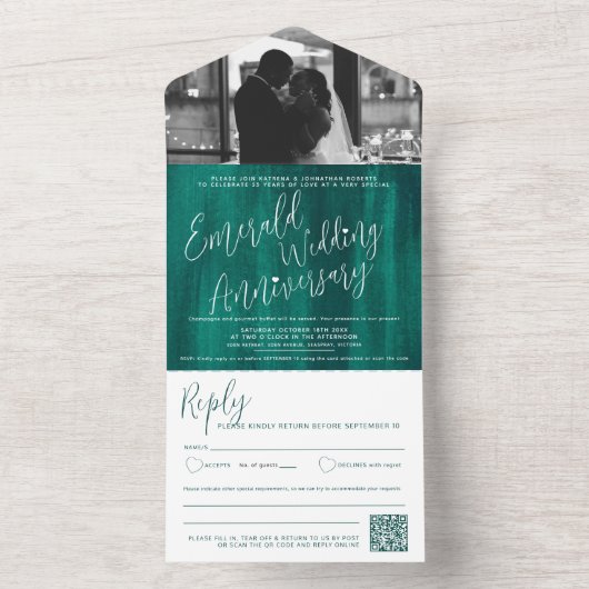 Emerald Wedding 55th foto QR code optie RSVP All In One Uitnodiging (Binnen)